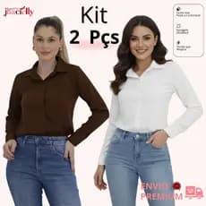 Kit 2 Camisas Feminina Social Manga Longa Azul Marinho E Branco Com Botão - Seu estilo em destaque