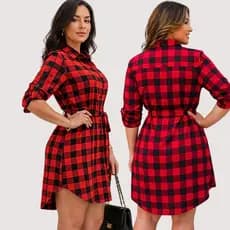 Vestido Chamise Feminina Xadrez Midi com Manga 3/4 e Camisão