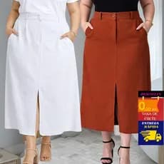 Saia Midi Plus Size Feminina Cintura Alta Elegante com Bolsos Fenda Zíper Tecido Marrant Sensoriale