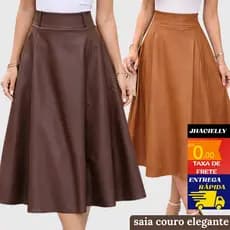 Saia Couro Feminina Midi Elegante Cintura Alta Moda Festa Casual M G GG