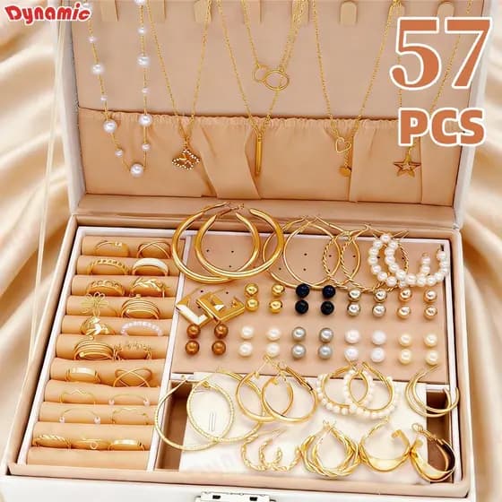 Kit 57 de Joias Femininas 57 Peças Colares Brincos e Anéis Dourados A Prova d'Água Presentes Surpresas DY