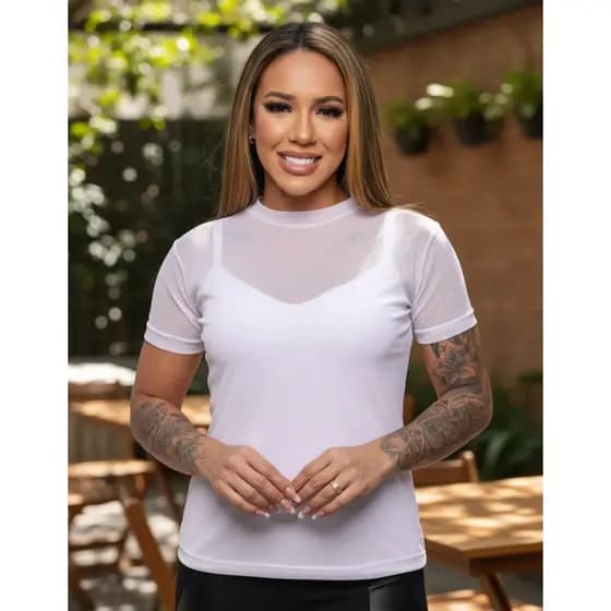 Blusa De Tule Feminina Manga Curta Transparente Tendência Moda