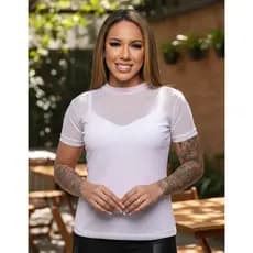 Blusa De Tule Feminina Manga Curta Transparente Tendência Moda