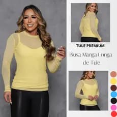 Kit Blusa Tule Manga Longa + Regata Com Bojo Blusa Transparente Moda Feminina