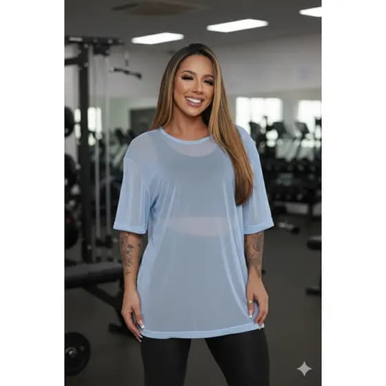 Blusa de Tule Academia Fitness Camisetão Feminina Transparente Para Treino