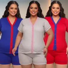 Kit 3 Três Pijama Short Americano Baby Doll Blogueiras Amamentação Pijama Botão Pós Cirúrgico Plus Size PP P M G GG
