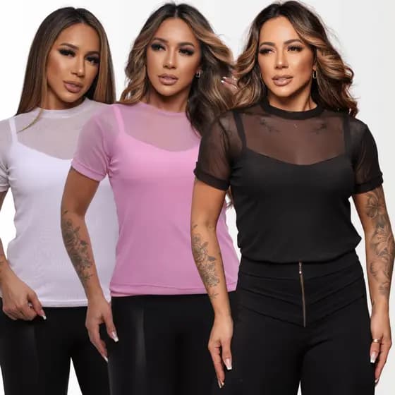 Blusa Feminina De Tule T-Shirt Transparente Manga Curta