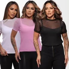 Blusa Feminina De Tule T-Shirt Transparente Manga Curta