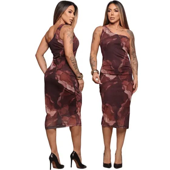 Vestido Midi de Tule Feminino Estampado Nula Manga com Forro Leve, Elegante E Estiloso