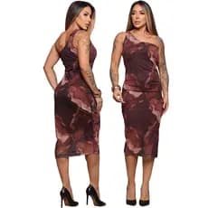 Vestido Midi de Tule Feminino Estampado Nula Manga com Forro Leve, Elegante E Estiloso