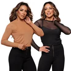 Kit 2 Blusa De Tule Manga Comprida Moda Feminina Tendência 38 ao 44