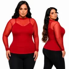 Blusa de Tule Feminina Plus Manga Longa Transparente Tendência Fashion Look Festa Trabalho