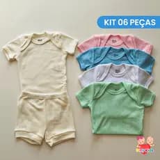 Kit 6 Peças Body Bebê Curto Pagão Canelado 100% Algodão Verão