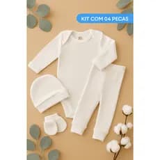 Kit Saída De Maternidade Body + Mijão + Touca + Luva / Tecido Canelado Maximo Conforto