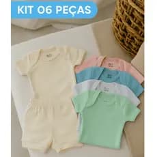 Kit 6 Peças Body Bebê Curto Pagão + Shorts Canelado 100% Algodão Conjunto Verão Roupa Infantil Bebe Menina e Menino