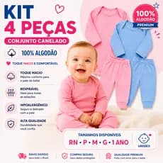 Kit 4 Peças Bebê Canelado 100% Algodão Body Manga Longa e Calça Mijão RN ao 1 Ano Inverno Menina Menino