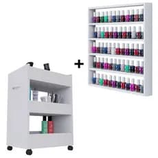Carrinho Auxiliar Manicure Multiuso + Expositor Esmaltes Grande P/ Salão De Beleza Estética