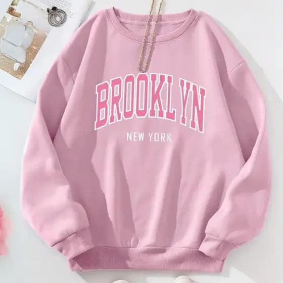 Blusa Moletom Gola Redonda Feminina Brooklyn New Rosa Minimalista Quentinho Forrado