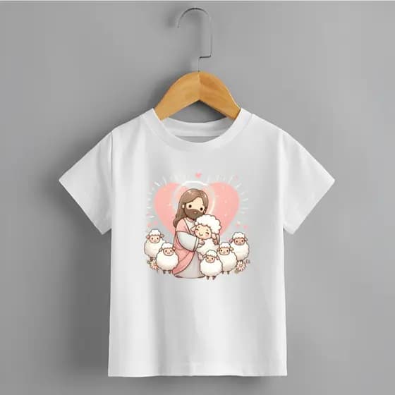 Camiseta Infantil Gola Redonda Estamp Coração Rosa Jesus Ovelhinha Delicada