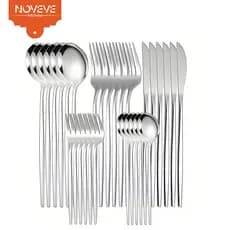 NOVEVE 24 peças Conjunto de talheres de prata em aço inoxidável, incluindo faca, garfo, colher e talheres ocidentais