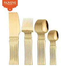 NOVEVE 24 Peças Talheres Dourado de Aço Inox Garfo Colher Faca Colher De Mesa