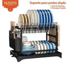 NOVEVE Escorredor de Louça 2 Andares Inox com Bandeja Coletora e Suportes – Organizador de Cozinha Compacta