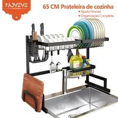 NOVEVE Escorredor Kitchen Rack Aço Inoxidável 65cm Ajustável Organizador Louça Preto Suspenso Modular Autossustentável