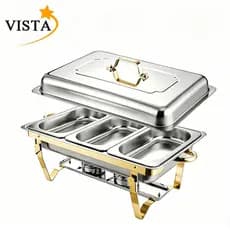 Rechaud Profissional em Inox com Borda Dourada 12L - 1, 2 ou 3 Divisórias para Buffet, Festas e Eventos VISTA