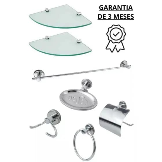 Kit Acessórios Stander 5 Peças Para Banheiro +2 Porta Shampoo Canto Vidro Incolor