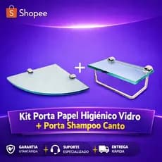 Kit Porta Papel Higiênico Vidro + Porta Shampoo Canto Vidro Temperado Suporte Banheiro Cromado