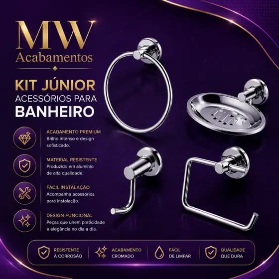 Kit Banheiro Júnior 4 Peças | Porta Papel Higiênico, Cabide, Papeleira e Porta Toalha de Rosto