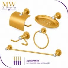 Kit Banheiro Dourado 5 Peças Stander Inox Porta Toalha Saboneteira Papeleira Gancho