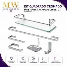Kit Quadrado Cromado 5 Peças + Porta Shampoo Vidro 30cm Completo Acessórios Banheiro  Luxo