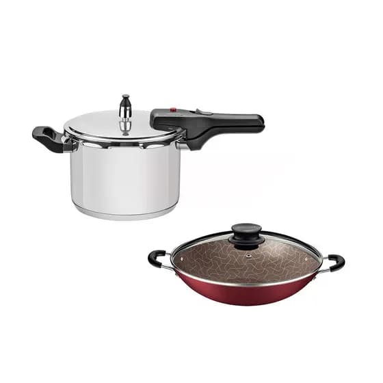 KIT - Panela de pressão inox 4,5l Brava + Panela Wok Alumínio Paris 36cm Vermelha - Tramontina