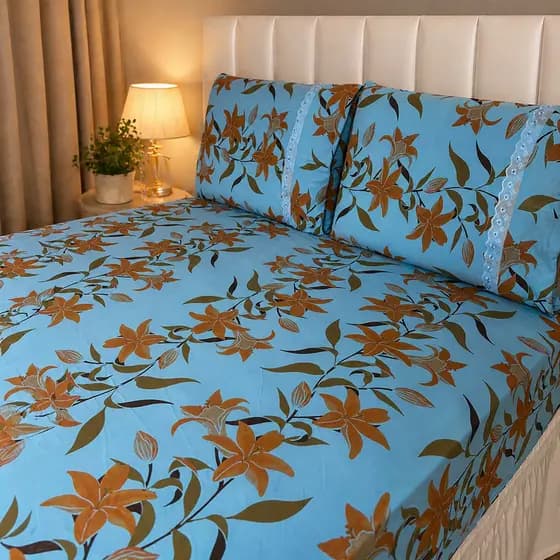 jogo Lençol Casal Malha 100% Algodão 3 Peças  Estampado C/ Elástico e Fronha Cama Box e Padrão