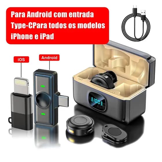 Microfone Sem Fio 2 em 1 Para Criadores de Conteúdo | iPhone, Android, Câmera | Kit Duplo c/ Cancel. Ruído DSP