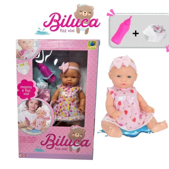 Boneca Biluca faz xixi | mama e faz xixi de verdade | acompanha fralda e mamadeira | brinquedo de menina | infantil