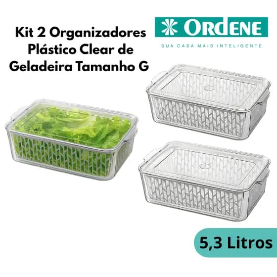 Kit 2 Organizadores Plástico Clear de Geladeira 5,3L-  Utti Frut Sempre seco Ordene G - drenagem de água -alta qualidade