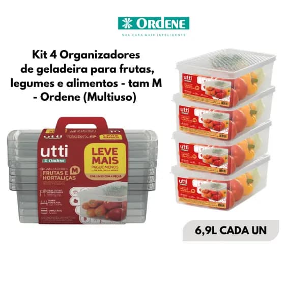 Kit 4 Potes Organizadores de Geladeira M 6,9L Utti Ordene – Frutas e Legumes (Multiuso)- Mantém Alimentos Frescos