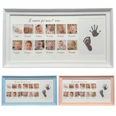 Quadro Porta Retrato Fotos 12 Meses Bebê Com Kit Tinteiro e Molde Mão e Pé Decoração Infantil