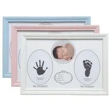 Quadro Porta Retrato Redondo Infantil Bebê Com Kit Tinteiro e Molde Mão e Pé Decoração
