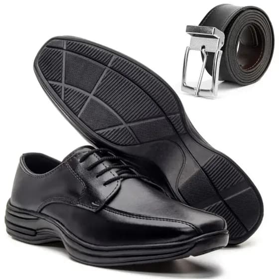 Kit Sapato Social De Amarrar Estiloso Confort Trabalho + Cinto Social Preto