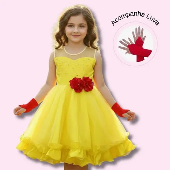 Vestido Infantil Curto Bela E A Fera Fantasia Festa Aniversário Com Luva
