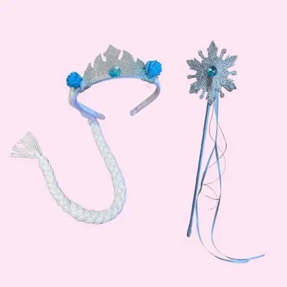 Kit Frozen Elsa Com Varinha E Tiara  Coroa Com Trança  Temático Fantasia