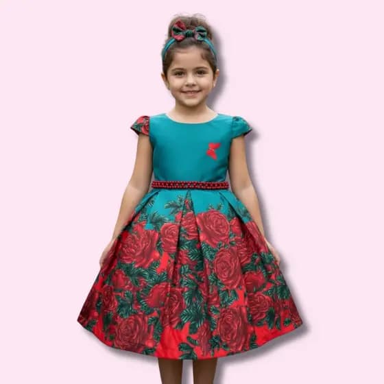 Vestido Juvenil Curto De Menina Temático Estampa Festa Natal Festa Urso e Flores