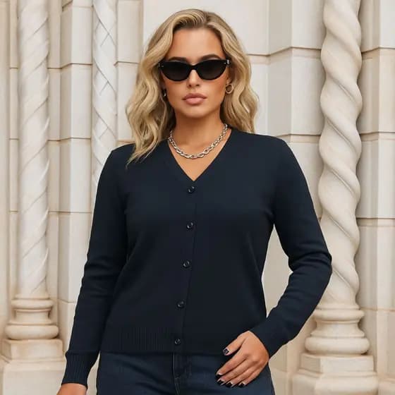 Casaco Cardigan de Tricot Suéter Liso com Botões Decote V Confortável Estiloso Outono/Inverno