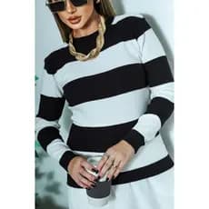 Blusa Feminina de Tricot Modal Listrada Manga Longa Gola Redonda Moda Elegante Outono Inverno