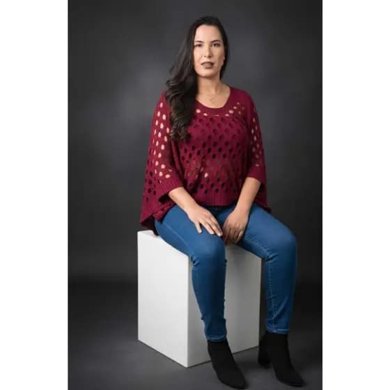 Blusa Feminina Tricot Boho  | Crochê | Twinset | Manga ¾ | Modelo Morcego | Barra Canelada Com Top