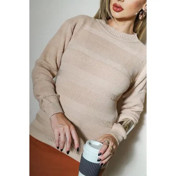 Blusa Suéter Feminina de Tricot Sublime Sweet Texturizada Manga Longa Moderna Moda Inverno RS Malhas