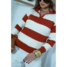 Blusa Feminina Listrada Gola Polo Tricot  Lançamento Estilo Manga Longa Tendencia Outono Inverno